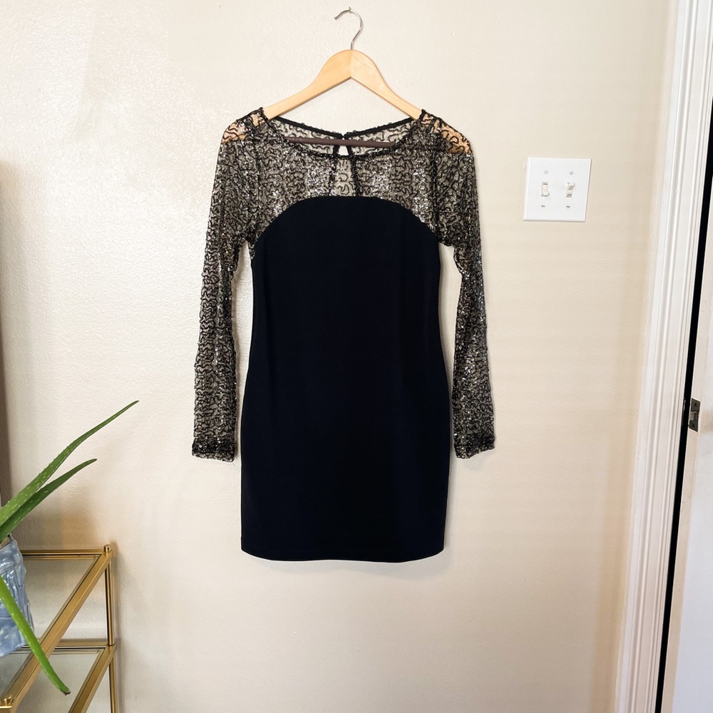 BCBGeneration Black Bodycon Mesh Sequin Ling Sleeve Dress